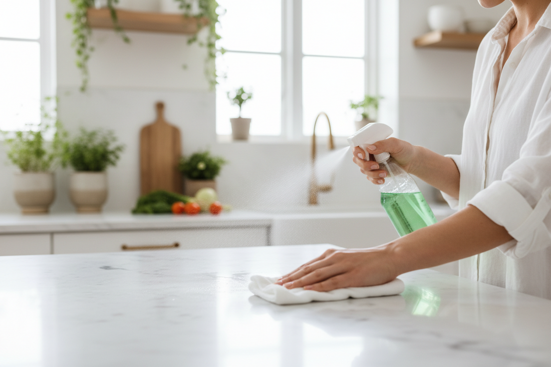 Woman spraying plant-based all-purpose cleaner on a white marble kitchen counter and wiping with a white cloth — non-toxic cleaning for a healthier home — BodyWell1