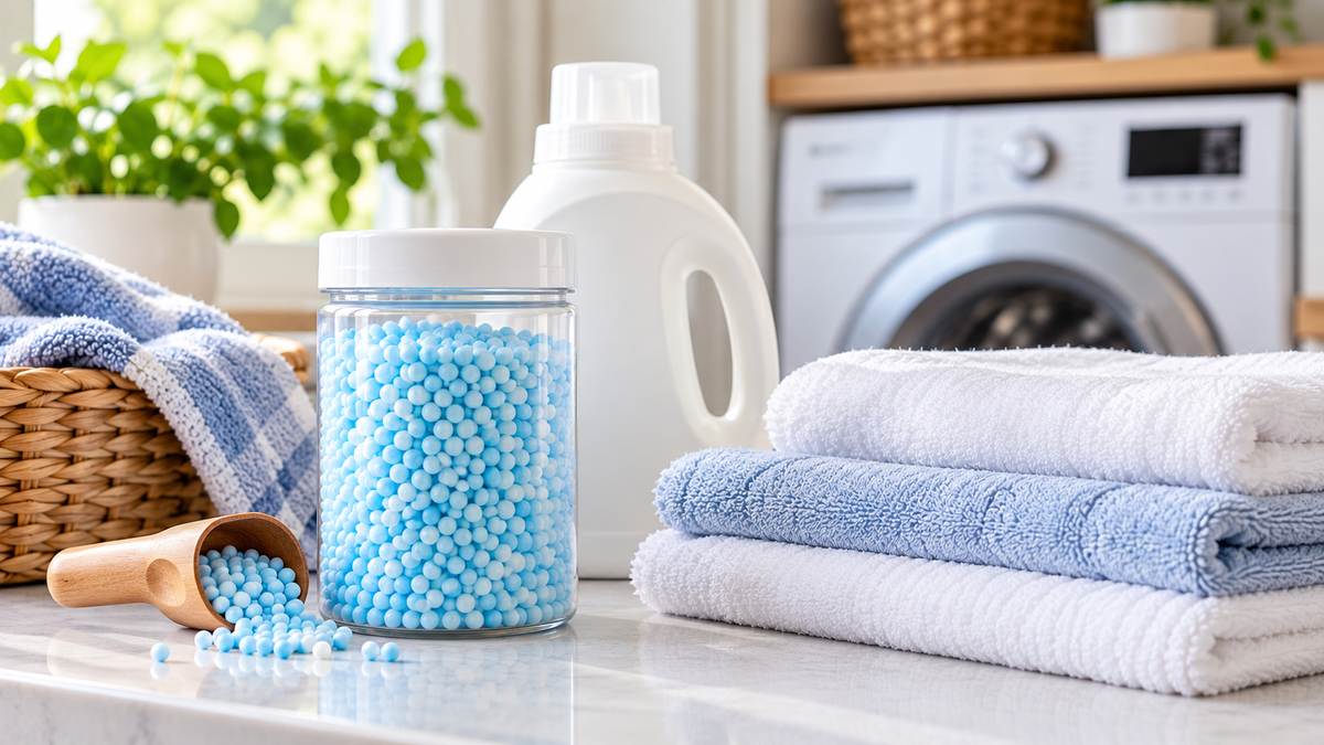 Blue laundry scent booster beads in a clear jar beside a wooden scoop, folded towels, and a white laundry bottle in front of a washing machine
