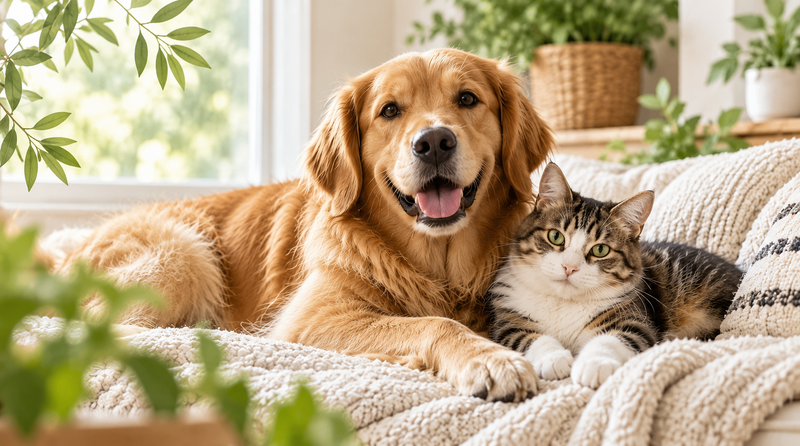 Golden retriever and tabby cat relaxing together in a bright, natural home for BodyWell1 Clean Pet Care.