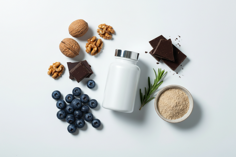 Clean brain health collection hero — flat lay of supplement bottle, walnuts, blueberries, dark chocolate, lion's mane mushroom powder, and fresh rosemary on white background for a premium non-toxic cognitive wellness aesthetic at BodyWell1.com