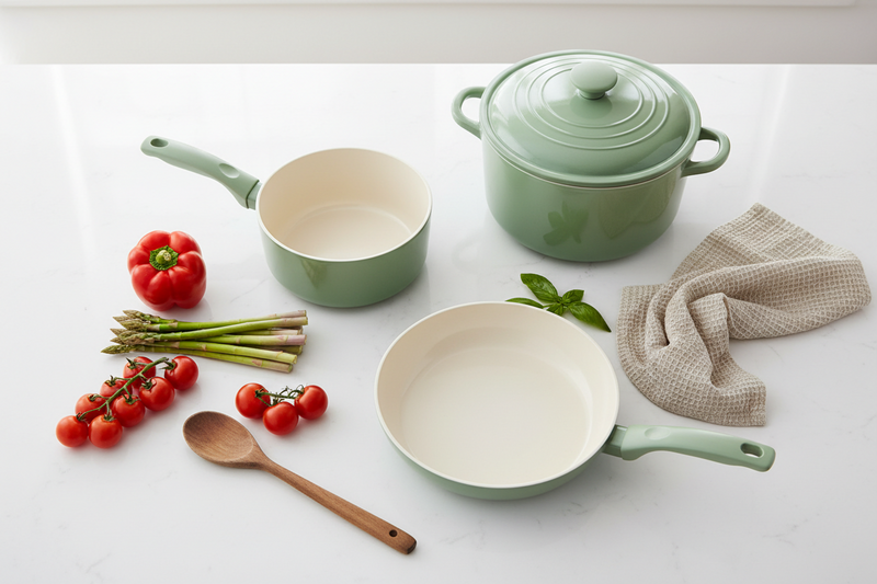 Non-toxic ceramic cookware set in sage green and cream on a white kitchen counter — clean, PFAS-free pots and pans curated by BodyWell1