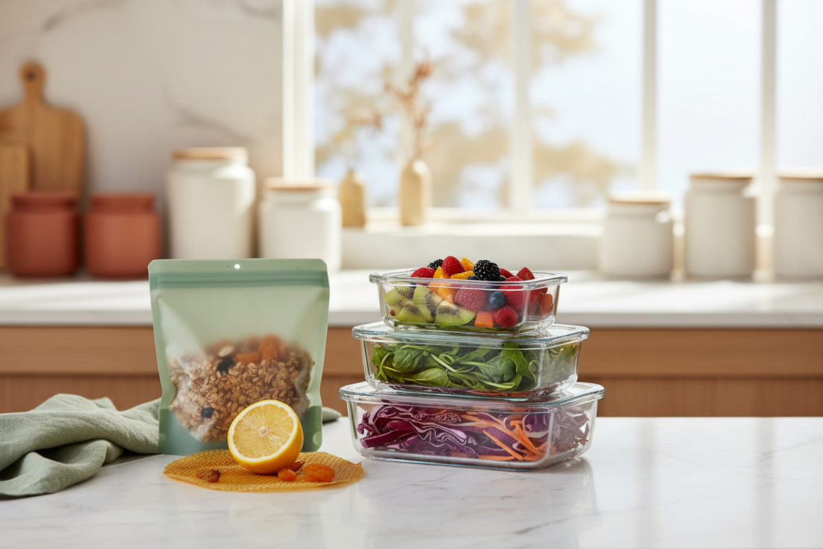Clean food storage collection hero — glass containers with fresh produce, silicone bags, and beeswax wrap on white marble kitchen surface