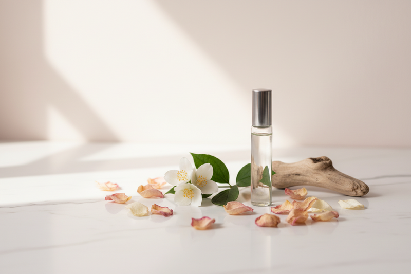 Clear glass rollerball perfume bottle on white marble with jasmine sprigs and rose petals — clean non-toxic fragrance collection at BodyWell1