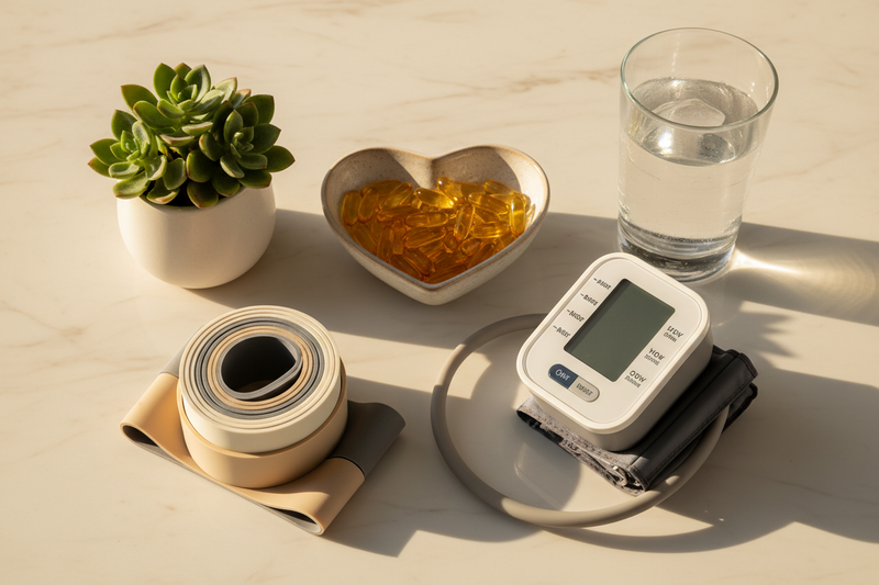 Clean heart health essentials flat lay on warm marble — omega-3 capsules in a heart-shaped bowl, blood pressure cuff, resistance bands, and green plant for a natural cardiovascular wellness aesthetic at BodyWell1.com