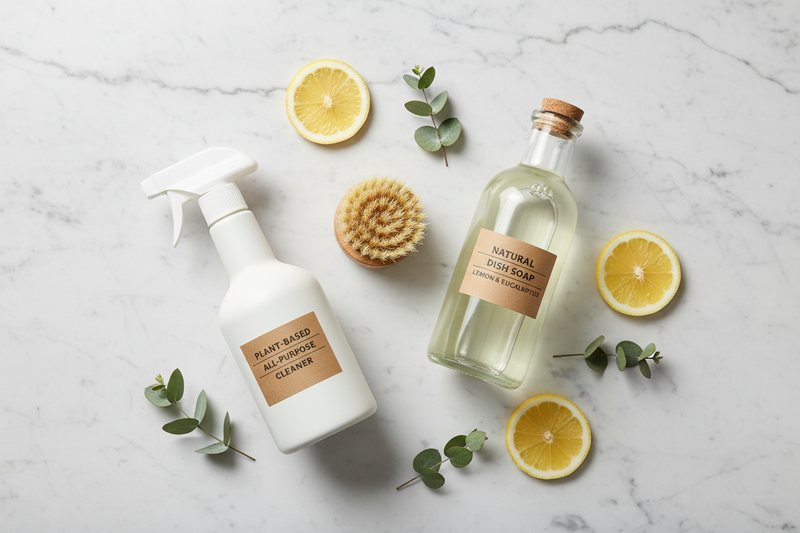 Natural non-toxic home cleaning products including dish soap, all-purpose cleaner, and bamboo brush on a white marble surface