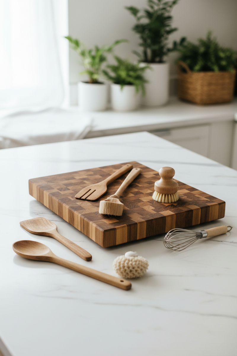 Non-toxic kitchen essentials flatlay with wood cutting board, natural scrub brush, and wooden utensils on white marble countertop — BodyWell1 Clean Kitchen