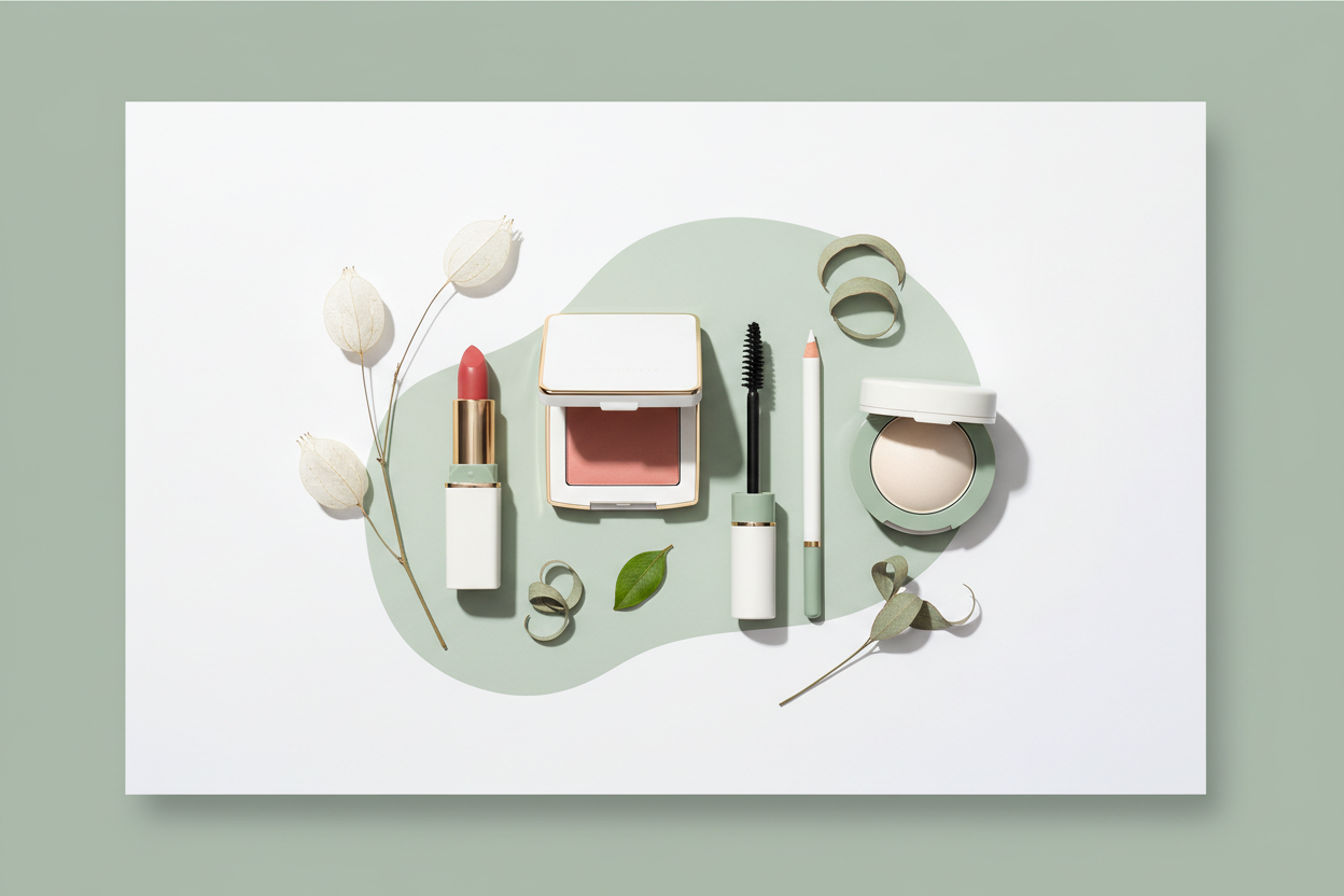  Clean non-toxic makeup flat lay — lipstick, blush, mascara, eyeliner and highlighter on white background with sage green botanical accents