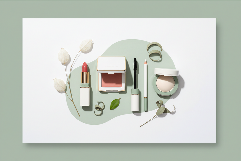  Clean non-toxic makeup flat lay — lipstick, blush, mascara, eyeliner and highlighter on white background with sage green botanical accents