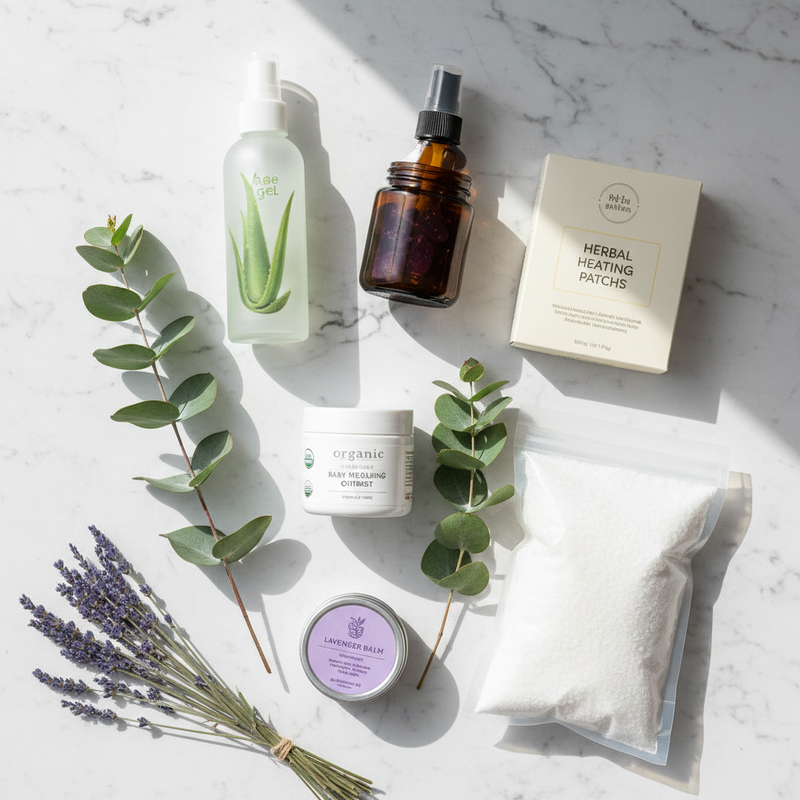 Non-toxic clean medicine cabinet essentials flat lay — organic healing ointment, aloe vera, Epsom salt, elderberry gummies, magnesium spray, and lavender sleep balm on white marble with eucalyptus