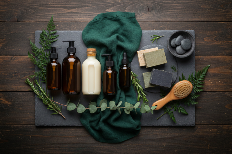 Flat lay of clean natural men's grooming products including bar soap, beard oil, and amber glass bottles on a dark wood surface with green botanicals