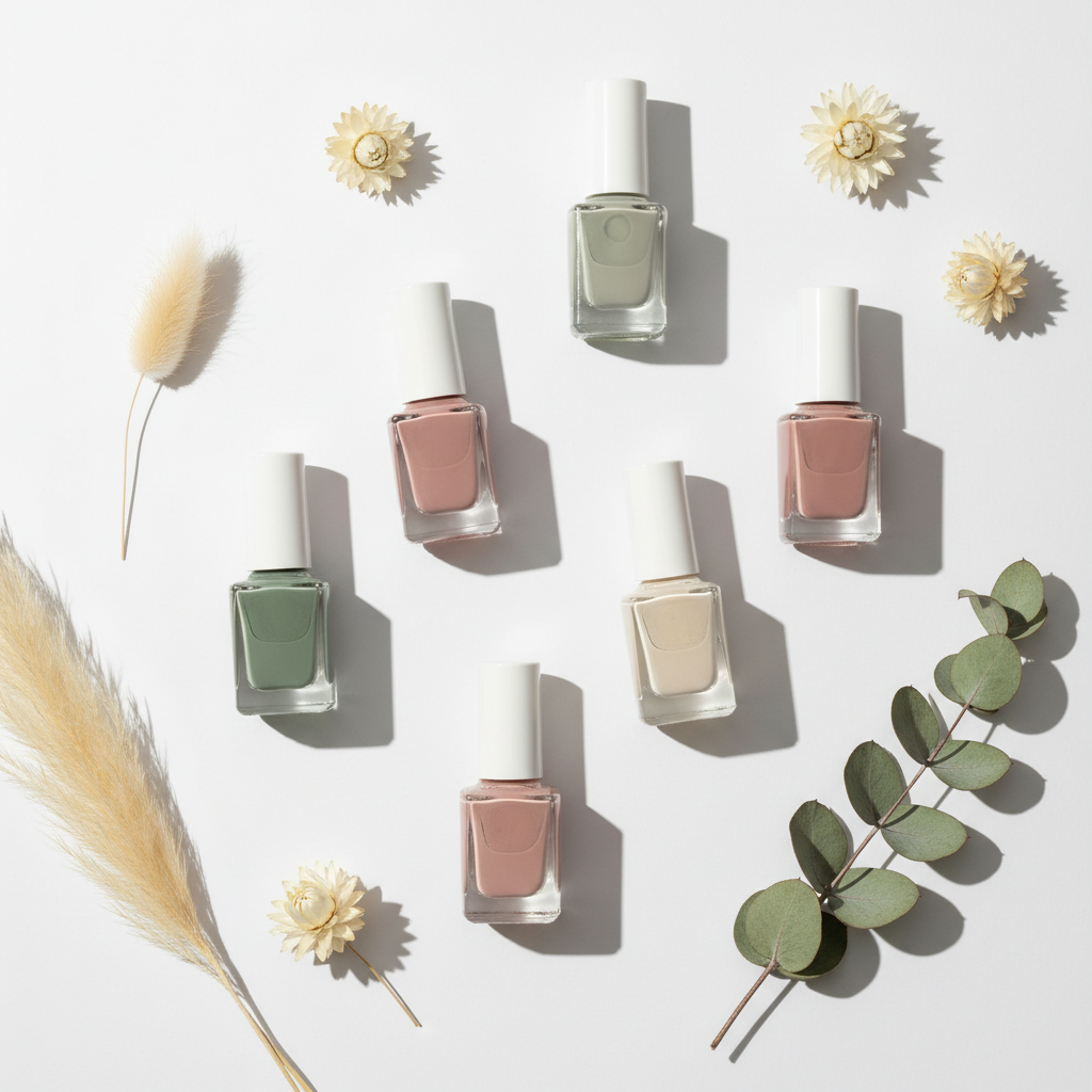 Flatlay of clean non-toxic nail polish bottles in sage green, blush, cream, and nude tones with dried botanicals on a white background — Clean Nail Edit collection by BodyWell1