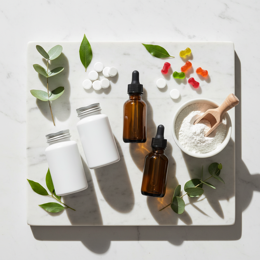Clean supplements and vitamins flat lay with amber glass bottles, capsules, collagen powder, and magnesium tablets on white marble with eucalyptus — non-toxic, clean wellness essentials