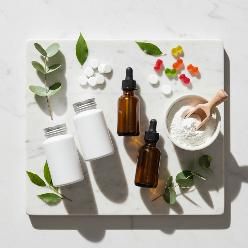 Clean supplements and vitamins flat lay with amber glass bottles, capsules, collagen powder, and magnesium tablets on white marble with eucalyptus — non-toxic, clean wellness essentials