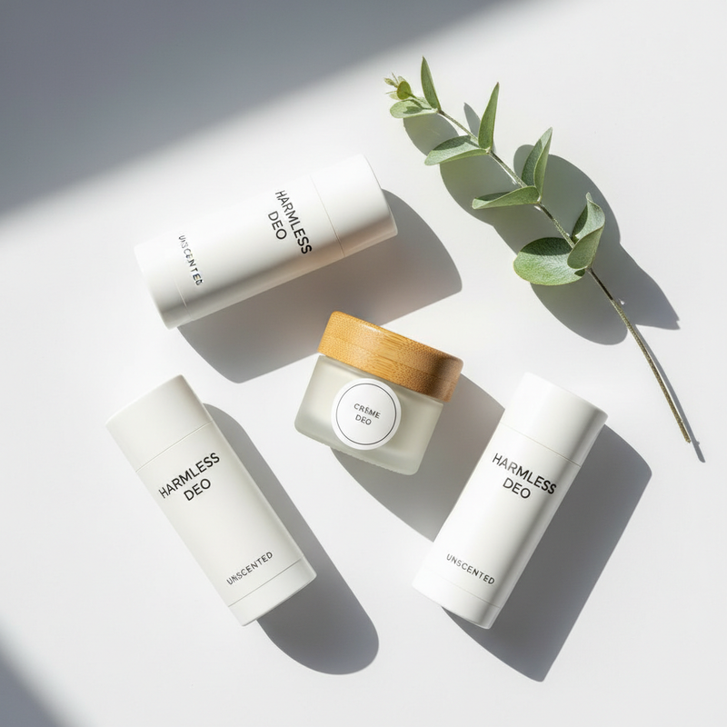 Flat-lay of clean, aluminum-free natural deodorant sticks and cream on a white background with botanical accents