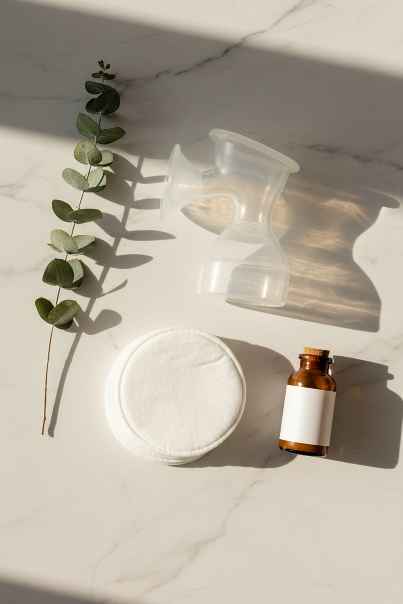 Flat lay of clean breastfeeding essentials on white marble — silicone breast pump, nursing pads, nipple butter, and eucalyptus sprig 