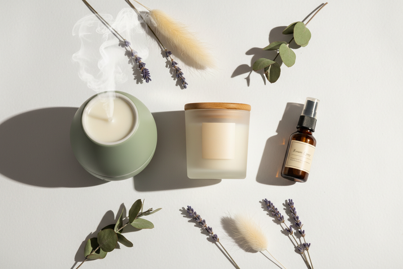 Clean air and home fragrance flat lay — soy candle, essential oil bottles, and fresh botanicals on a light background — non-toxic home fragrance collection at BodyWell1