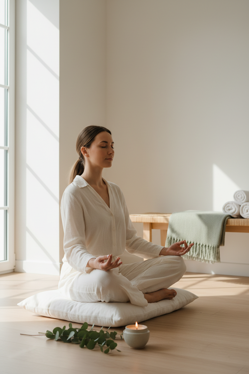 Woman meditating peacefully indoors on a linen cushion by a sunlit window, with a candle and eucalyptus nearby — BodyWell1 Mental Wellness Collection