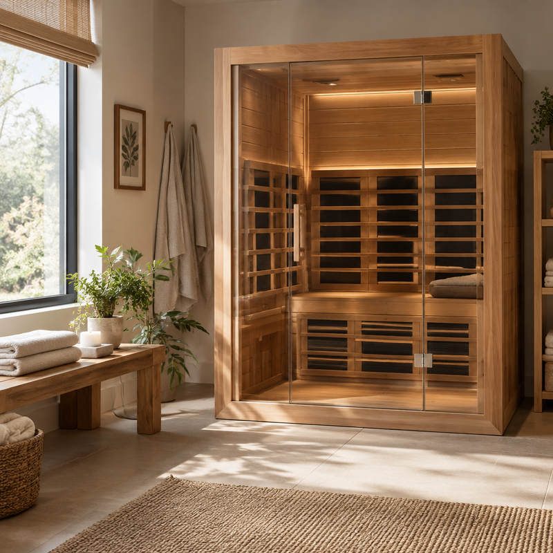 Modern home sauna and relaxing wellness space representing BodyWell1 Wellness & Recovery products.