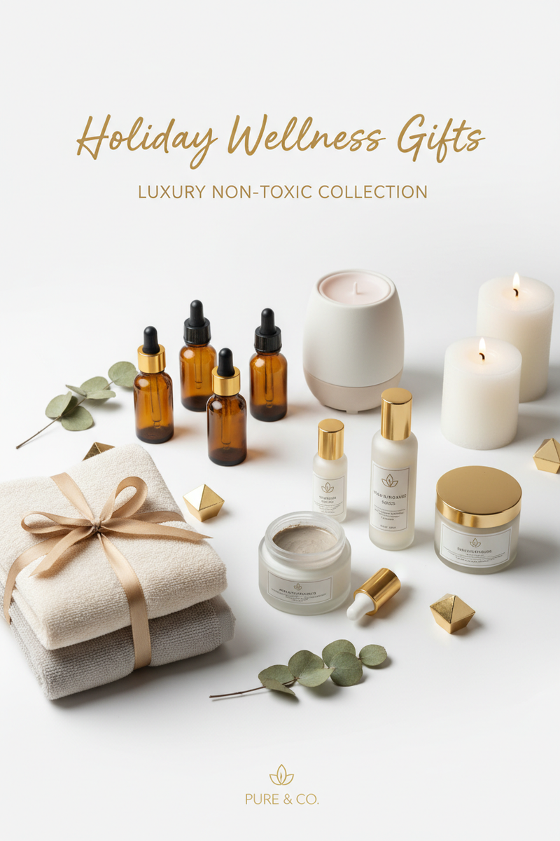 Elegant holiday gift flatlay on a clean white background featuring non-toxic wellness products including essential oils, natural skincare, and a glowing candle with warm gold accents — BodyWell1 Holiday Gift Guide