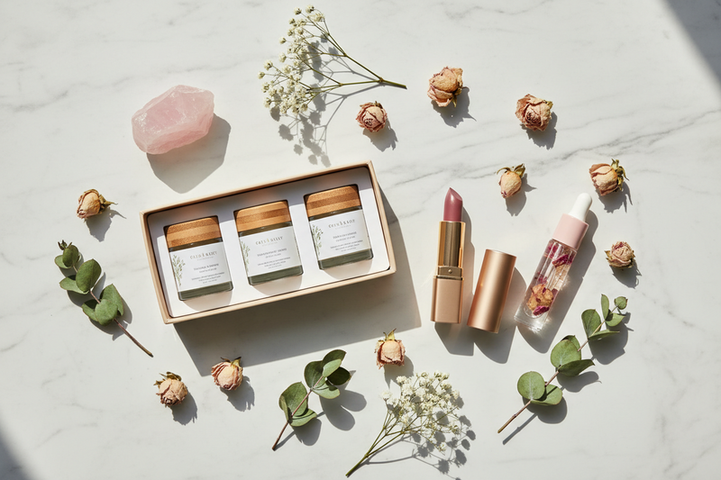 Flat lay of clean beauty lip products including organic lip balm, mauve lipstick, and tinted lip oil on white marble with dried rose buds and botanicals