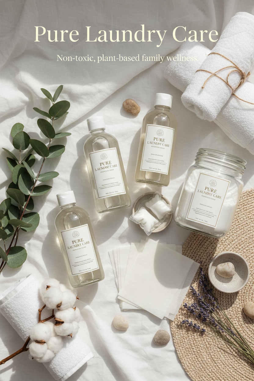  Flat lay of non-toxic laundry detergent bottle, powder, pods, and laundry sheets surrounded by eucalyptus sprigs, lavender, and white cotton towels on soft white linen 