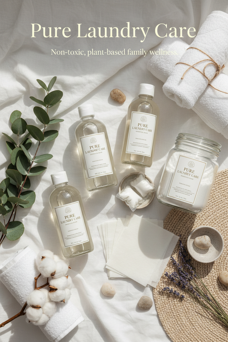  Flat lay of non-toxic laundry detergent bottle, powder, pods, and laundry sheets surrounded by eucalyptus sprigs, lavender, and white cotton towels on soft white linen 