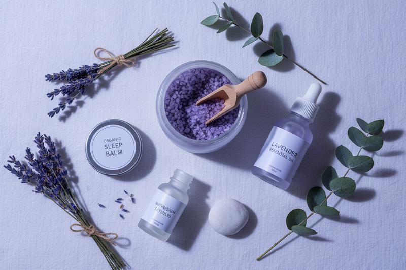 Non-toxic sleep and relaxation essentials — lavender epsom salt, organic sleep balm, essential oil and magnesium on white linen with dried lavender and eucalyptus