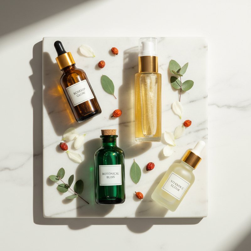 Flat lay of luxury clean beauty face oils including amber, green, and clear glass dropper bottles arranged on white marble with rosehip berries and botanical greenery accents