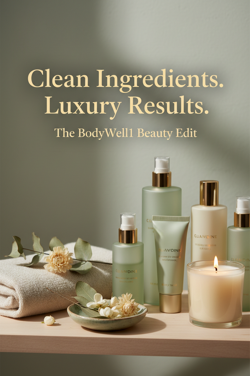Luxury clean beauty collection — sage green and gold skincare bottles, lit candle, linen towel, and dried florals — Clean Ingredients, Luxury Results — The BodyWell1 Beauty Edit