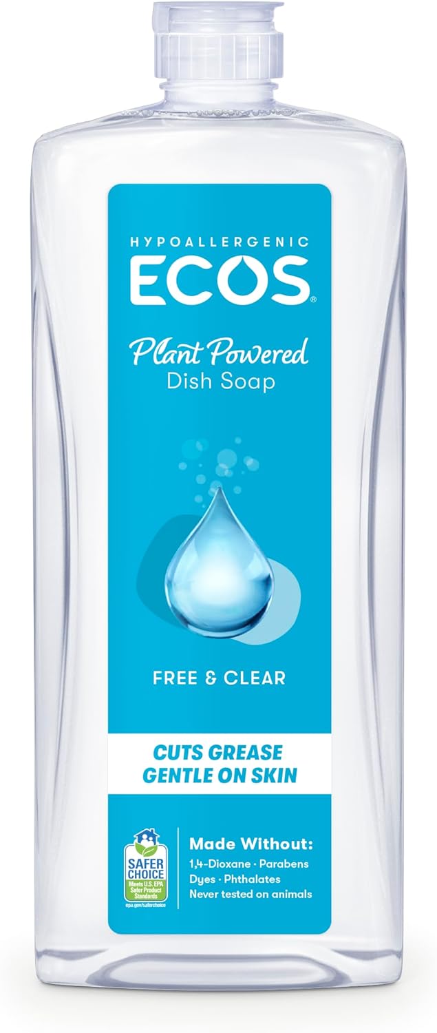 ECOS plant-powered dish soap bottle with blue label on a white background