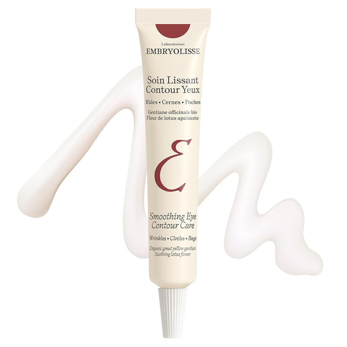 A squeeze tube of EMBRYOLISSE Smoothing Eye Contour Care cream with a white cap, shown against a white background with decorative white cream swirls behind it.