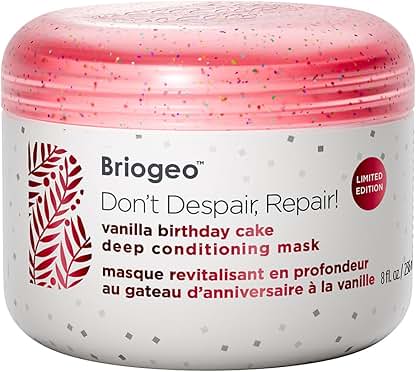 Jar of Briogeo Vanilla Birthday Cake deep conditioning mask with pink and white design.