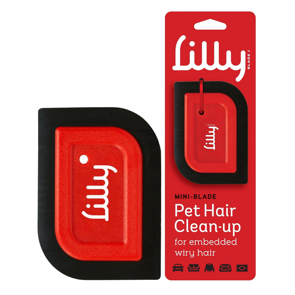 A red and black pet hair clean-up mini-blade tool shown next to its red retail packaging card on a plain white background.