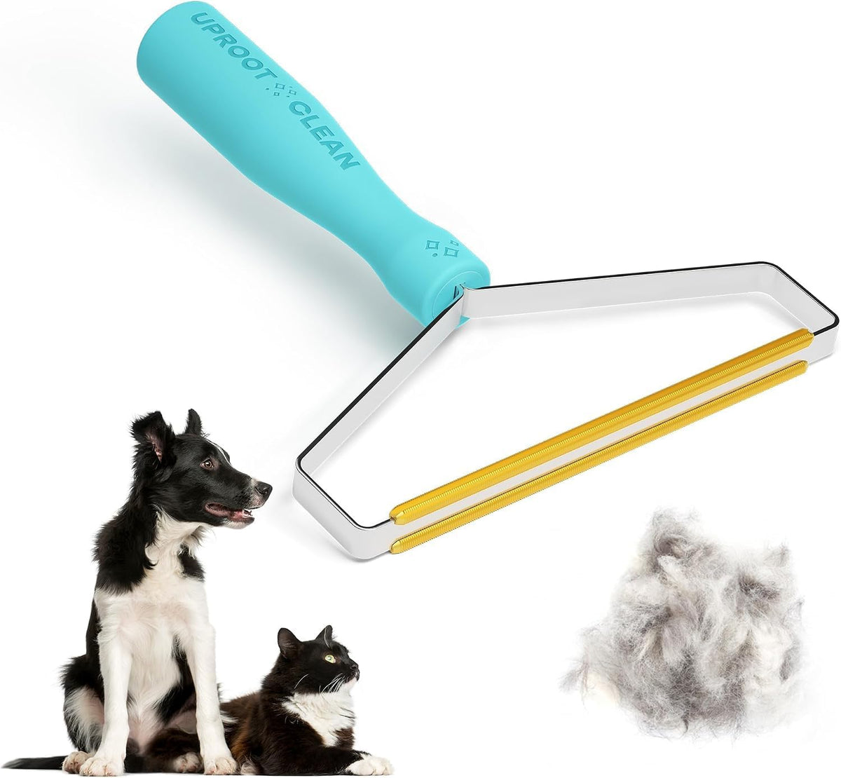 A pet grooming brush with a bright turquoise handle and yellow bristles, shown on a white background with a black-and-white dog, a cat, and a pile of removed fur. The handle is printed with the words 'UPROOT CLEAN'.