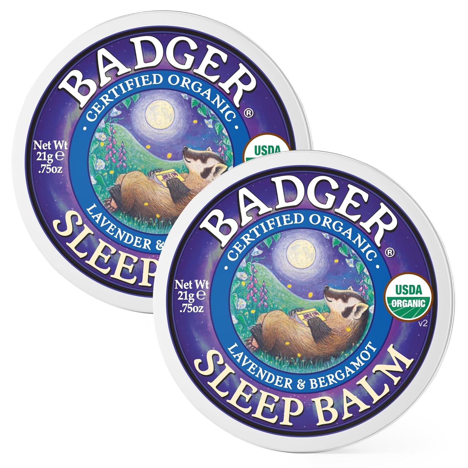 Two tins of Badger Lavender & Bergamot Sleep Balm on a white background