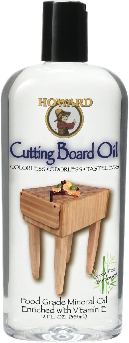 Bottle of Howard Cutting Board Oil with a wooden cutting board illustration on a white background