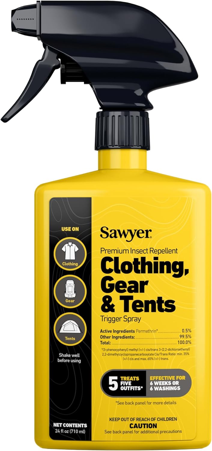 Sawyer clothing gear and tents insect repellent spray bottle on a white background