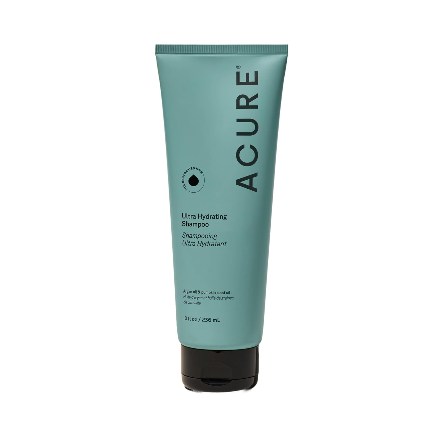 Acure Ultra Hydrating Shampoo 8 fl oz teal tube with argan oil and pumpkin seed oil — sulfate-free, paraben-free, vegan clean haircare for dry and color-treated hai