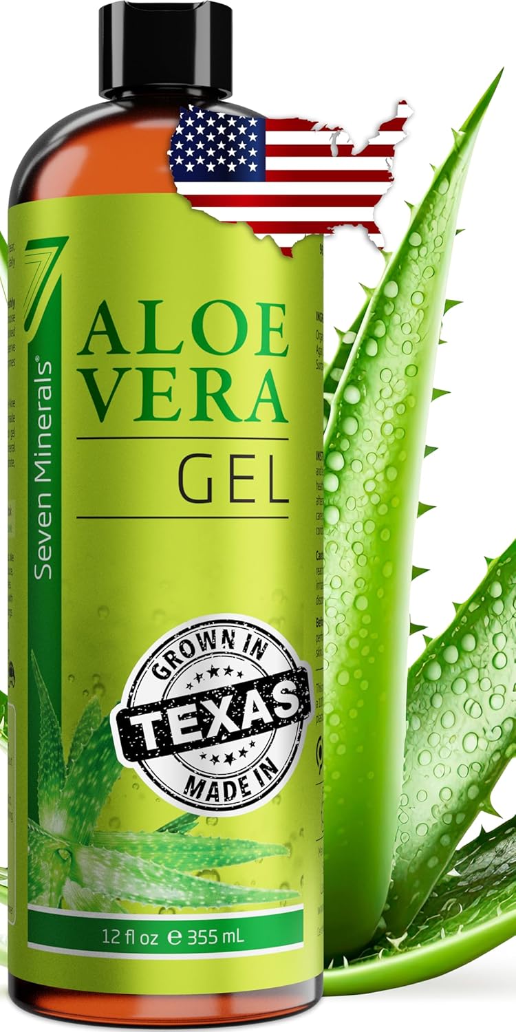Bottle of Seven Minerals Aloe Vera Gel with aloe leaf and American flag in the background