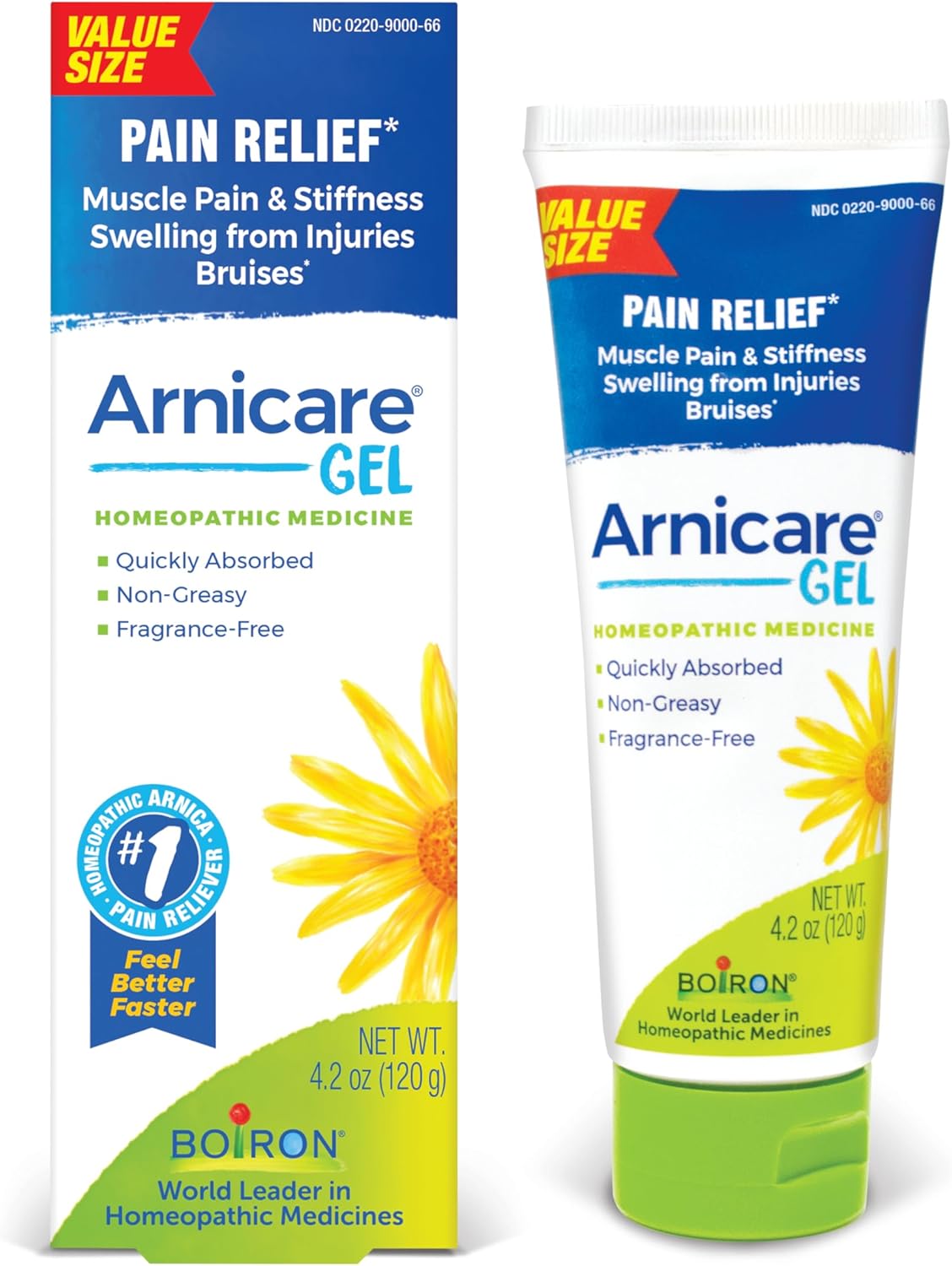 Boiron Arnicare Gel tube and box packaging on white background — natural homeopathic pain relief