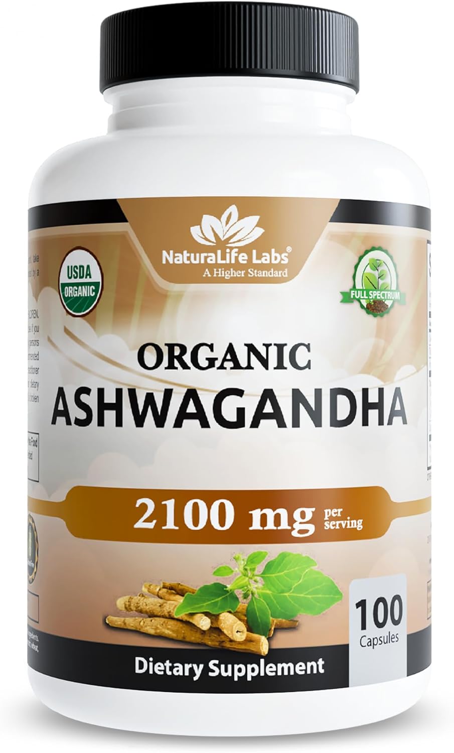 Supplement bottle labeled 'Organic Ashwagandha' with branding on a white background