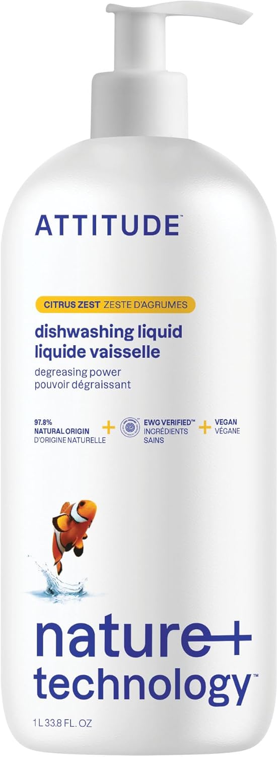 Attitude dishwashing liquid bottle with pump on a white background