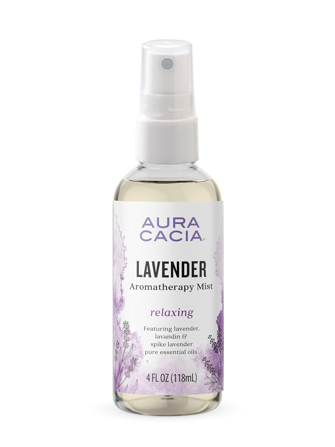 Aura Cacia lavender aromatherapy mist bottle on a white background