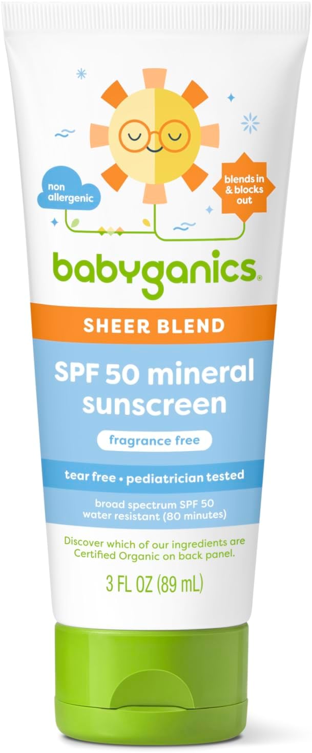 Babyganics SPF 50 mineral sunscreen tube on a white background