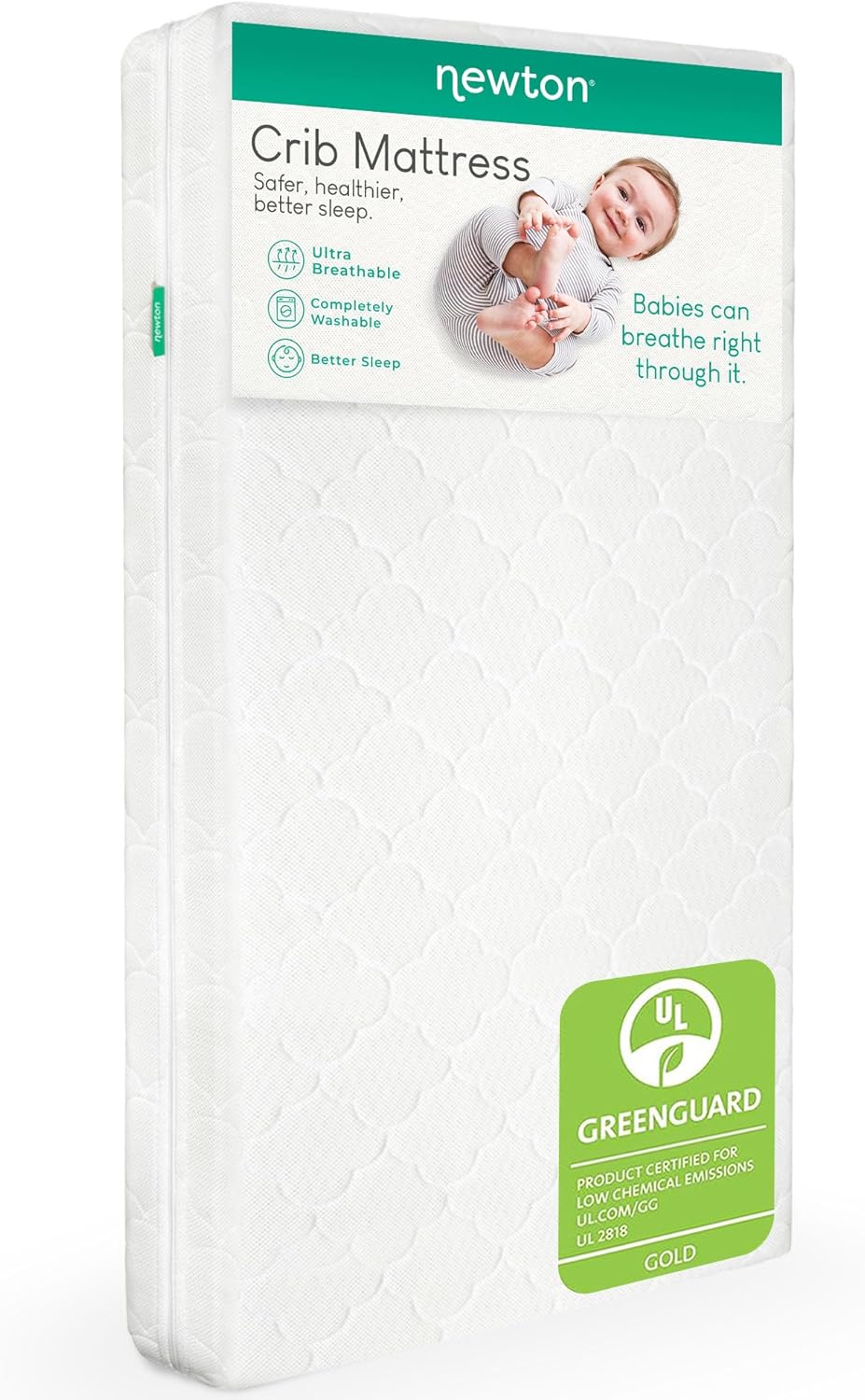 Newton crib mattress packaging with green and white design on a white background