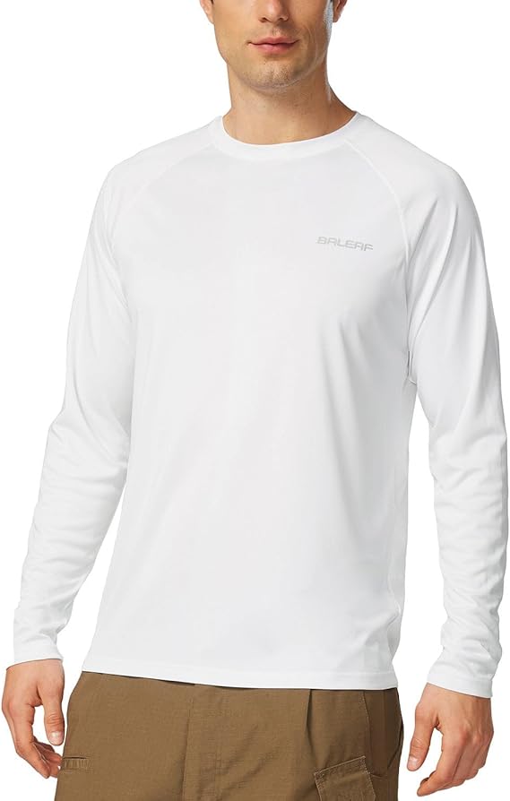 Man wearing a white long-sleeve shirt with a brand logo on a white background