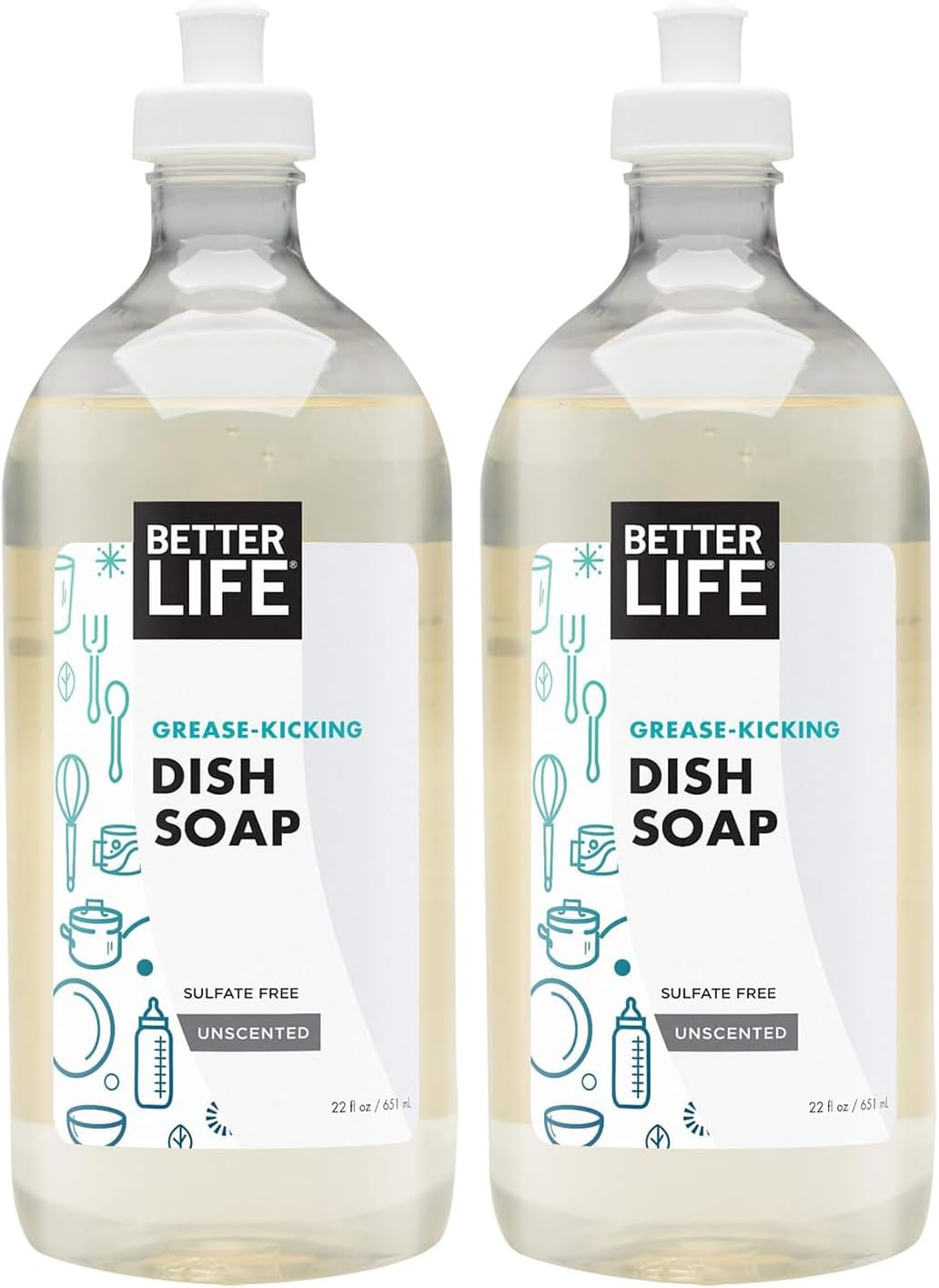 Two bottles of Better Life dish soap on a white background
