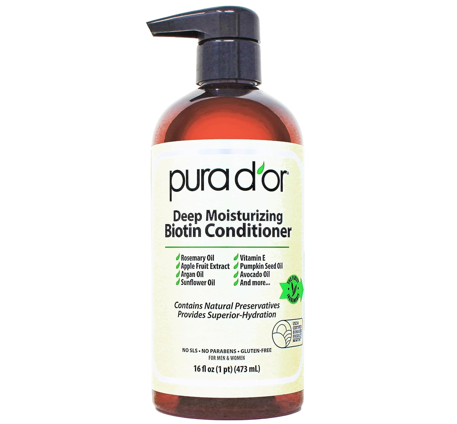 Pura D'or Deep Moisturizing Biotin Conditioner bottle on a white background
