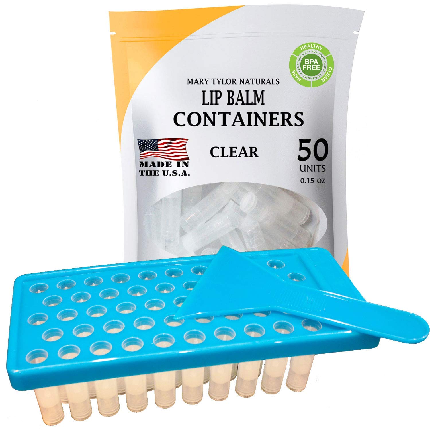 Blue lip balm container with clear lip balms and packaging labeled 'Mary Tylor Naturals' on a white background.