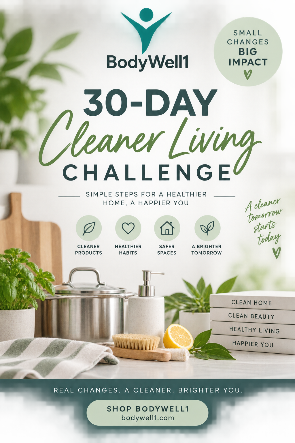 BodyWell1 30-Day Cleaner Living Challenge — downloadable PDF guide — simple steps for a healthier home, a happier you